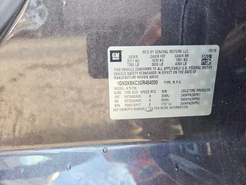 2016 CHEVROLET TAHOE K1500 LT  