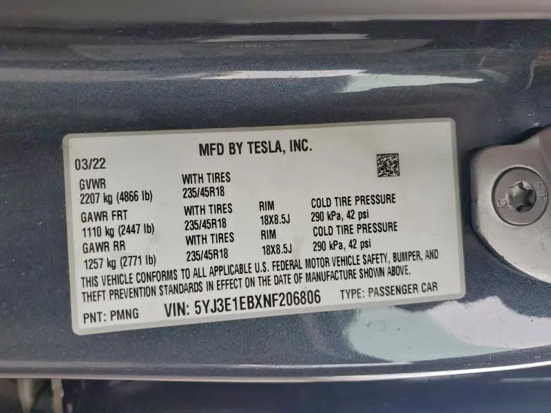 2022 TESLA MODEL 3   
