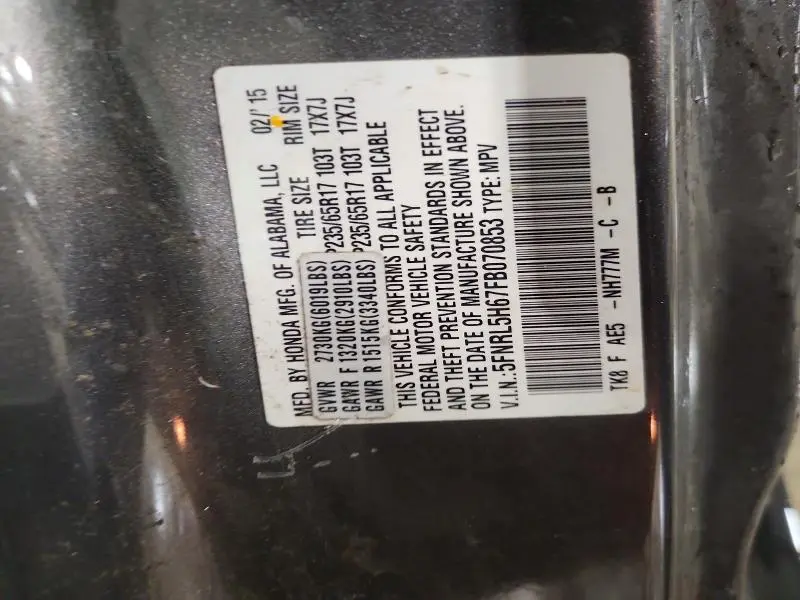 2015 HONDA ODYSSEY EXL  
