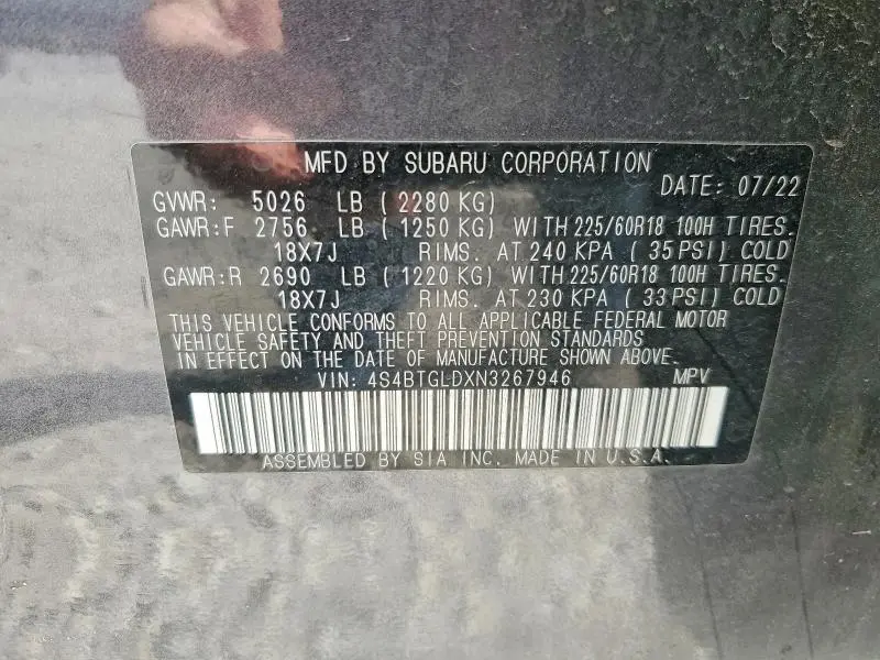 2022 SUBARU OUTBACK ONYX EDITION XT  