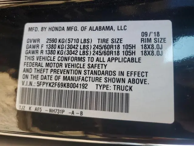 2019 HONDA RIDGELINE RTL  