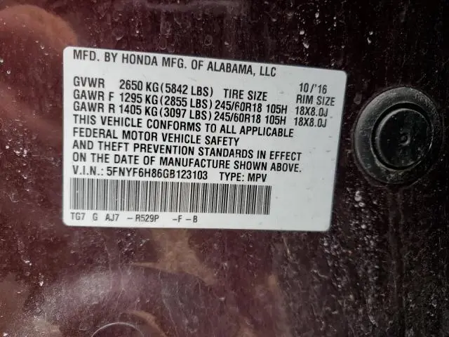 2016 HONDA PILOT EXL  