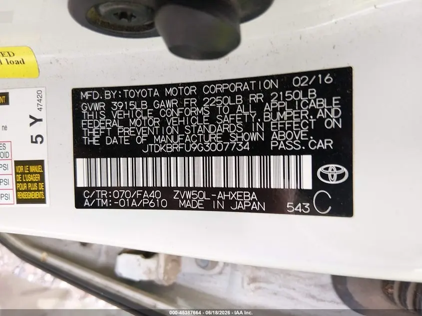 2016 TOYOTA PRIUS TWO