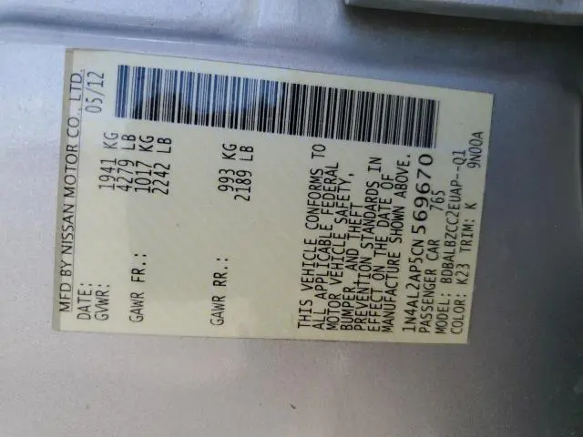 2012 NISSAN ALTIMA BASE  