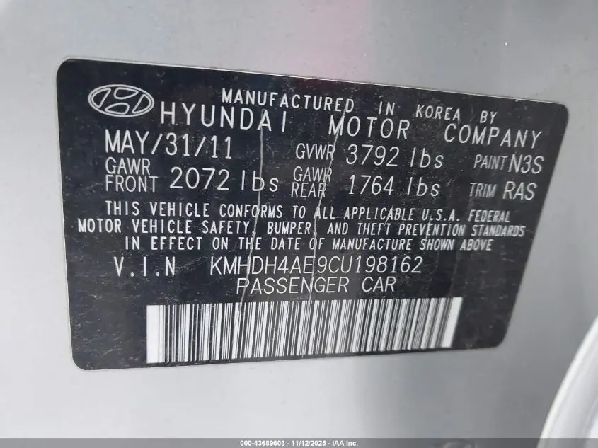2012 HYUNDAI ELANTRA GLS (ULSAN PLANT)