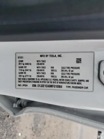 2021 TESLA MODEL 3   