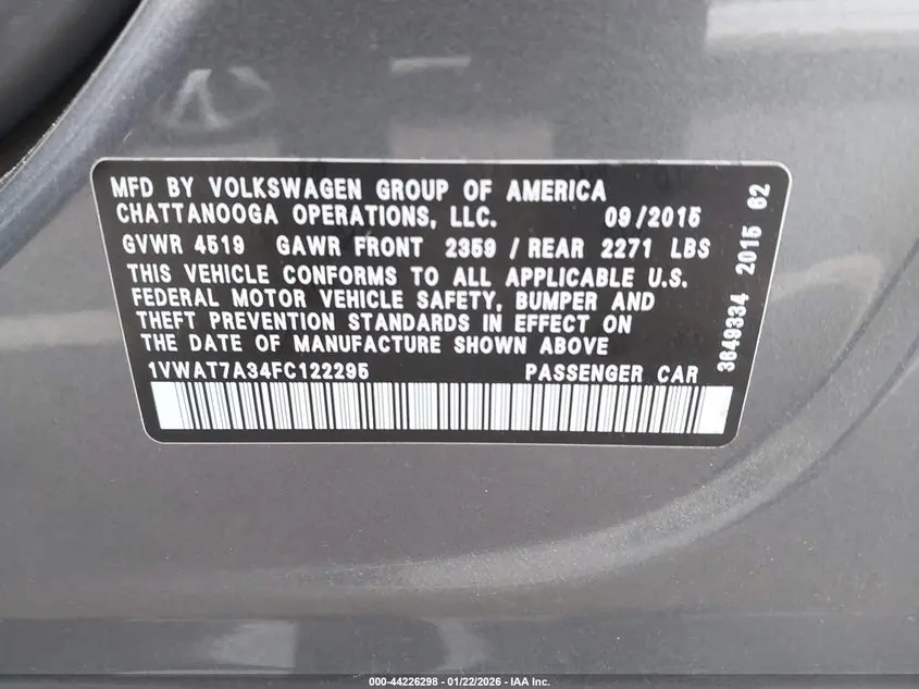 2015 VOLKSWAGEN PASSAT 1.8T LIMITED EDITION
