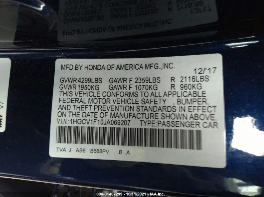 2018 HONDA ACCORD SEDAN LX 1.5T