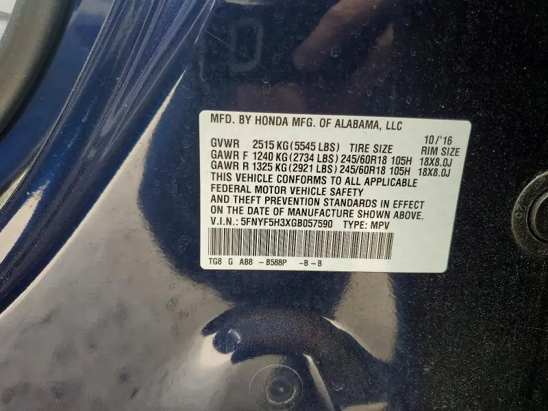 2016 HONDA PILOT EX  