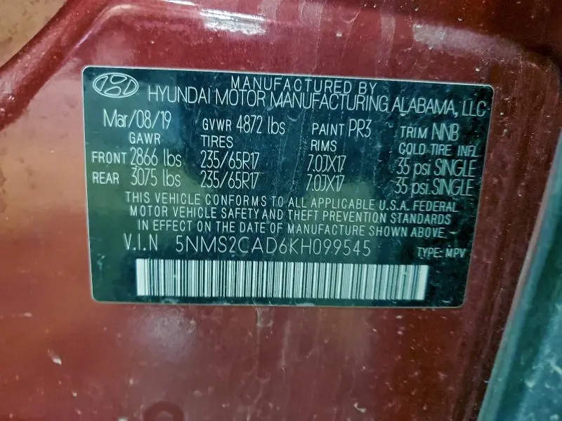 2019 HYUNDAI SANTA FE SE  