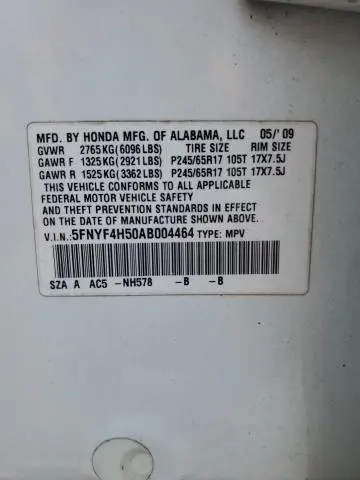 2010 HONDA PILOT EXL  