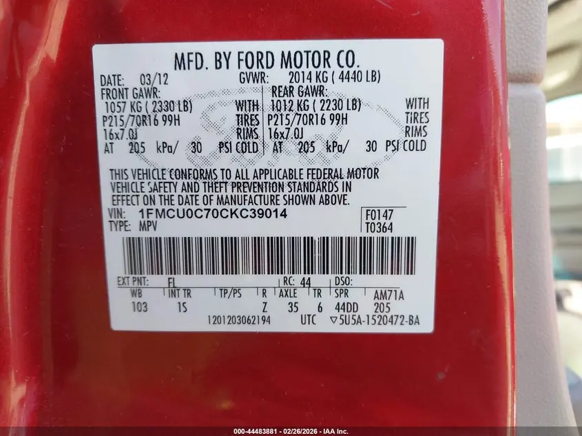 2012 FORD ESCAPE XLS