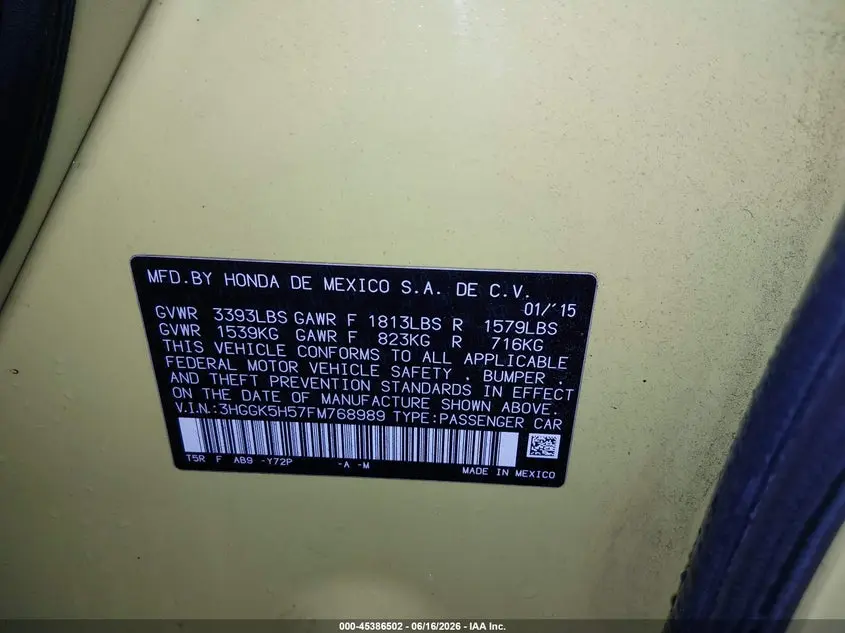 2015 HONDA FIT LX