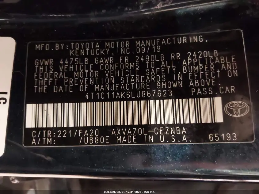 2020 TOYOTA CAMRY LE