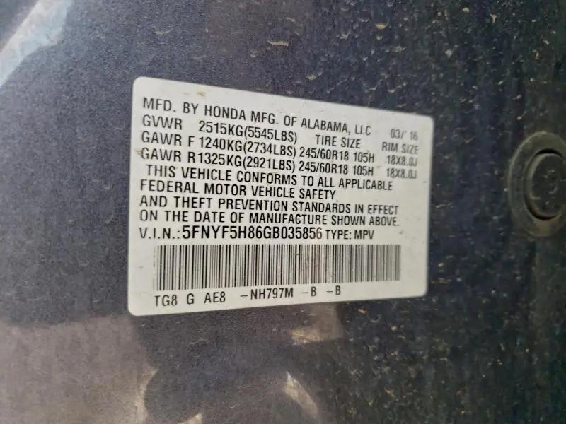 2016 HONDA PILOT EXL  