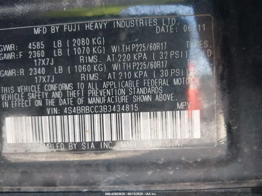 2011 SUBARU OUTBACK 2.5I PREMIUM