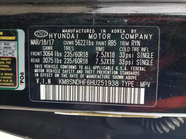 2017 HYUNDAI SANTA FE SE  