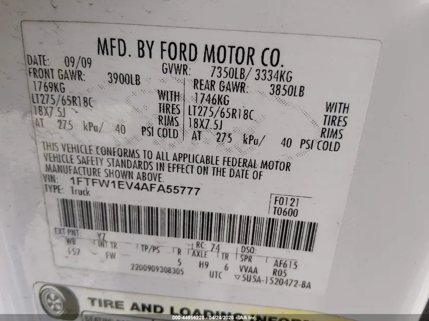 2010 FORD F-150 FX4/HARLEY-DAVIDSON/KING RANCH/LARIAT/PLATINUM/XL/XLT