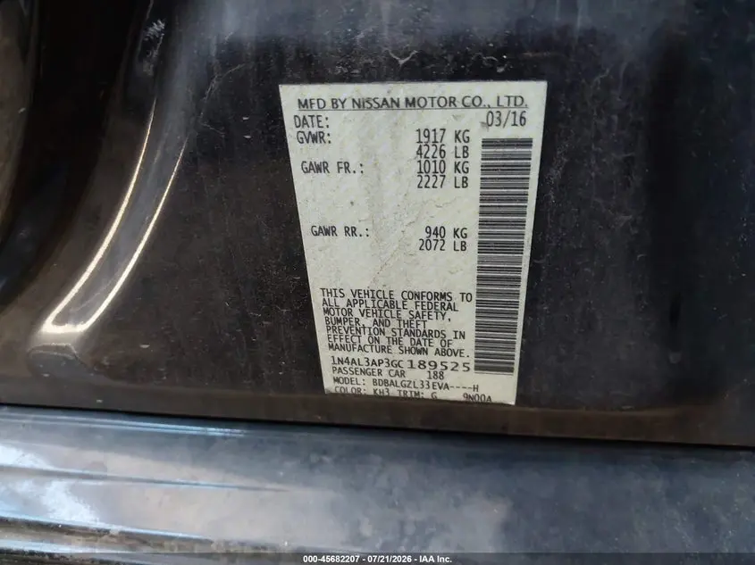 2016 NISSAN ALTIMA 2.5 S