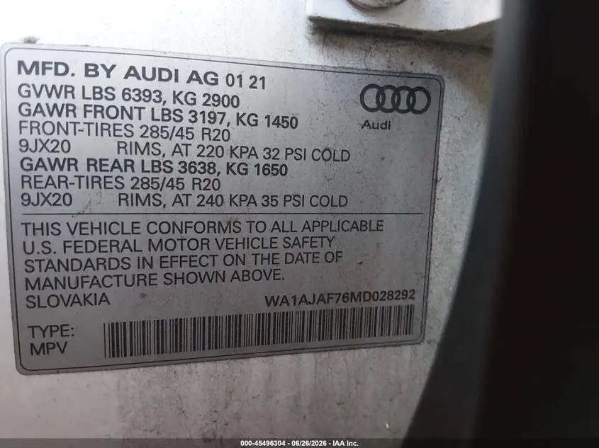 2021 AUDI Q7 PREMIUM 45 TFSI QUATTRO TIPTRONIC