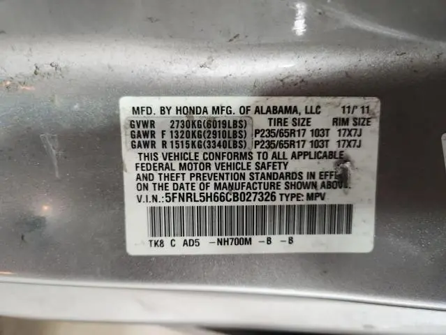 2012 HONDA ODYSSEY EXL  