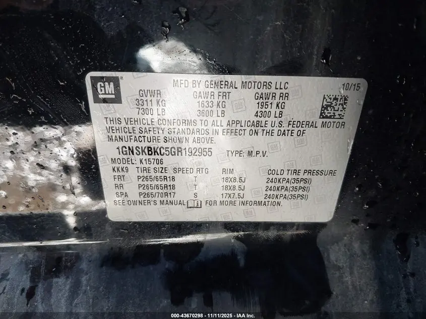 2016 CHEVROLET TAHOE LT