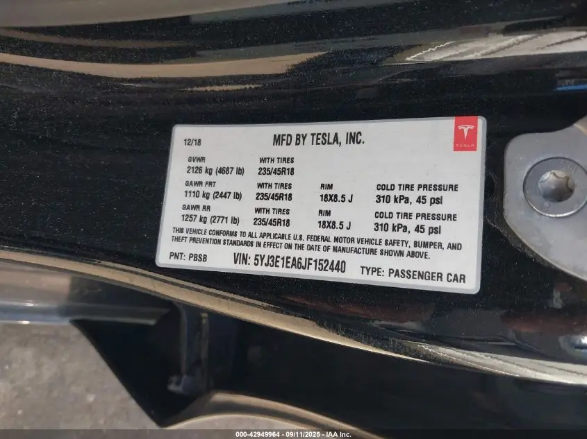 2018 TESLA MODEL 3 LONG RANGE/MID RANGE