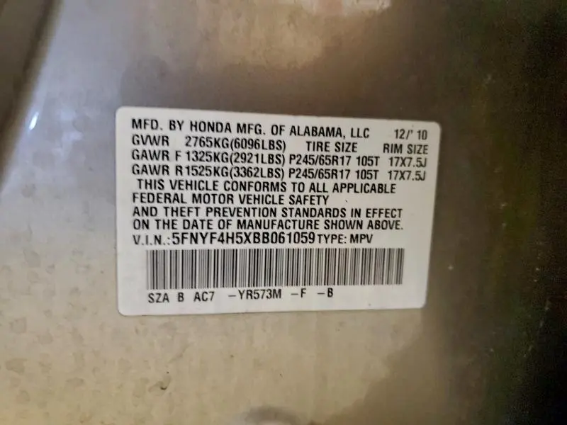 2011 HONDA PILOT EXL  