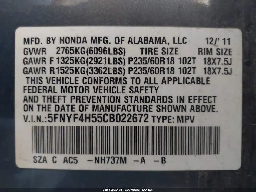 2012 HONDA PILOT EX-L