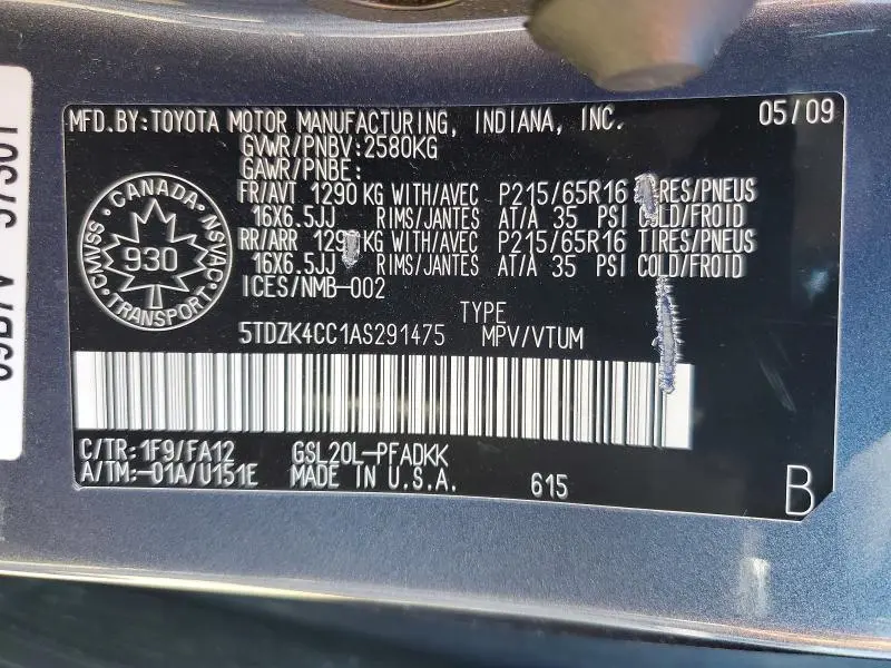 2010 TOYOTA SIENNA CE  