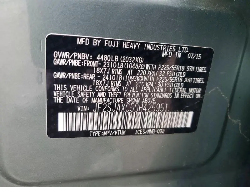 2016 SUBARU FORESTER 2.5I TOURING  