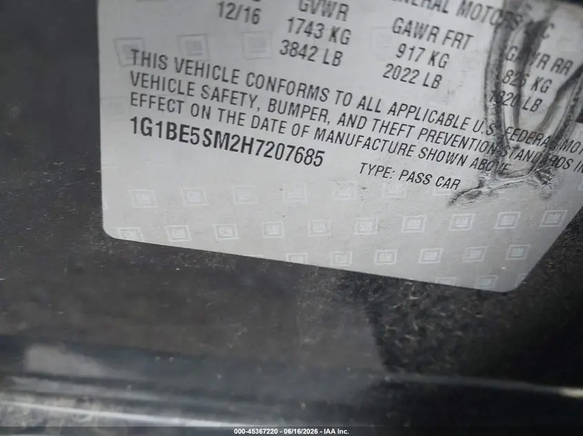 2017 CHEVROLET CRUZE LT AUTO