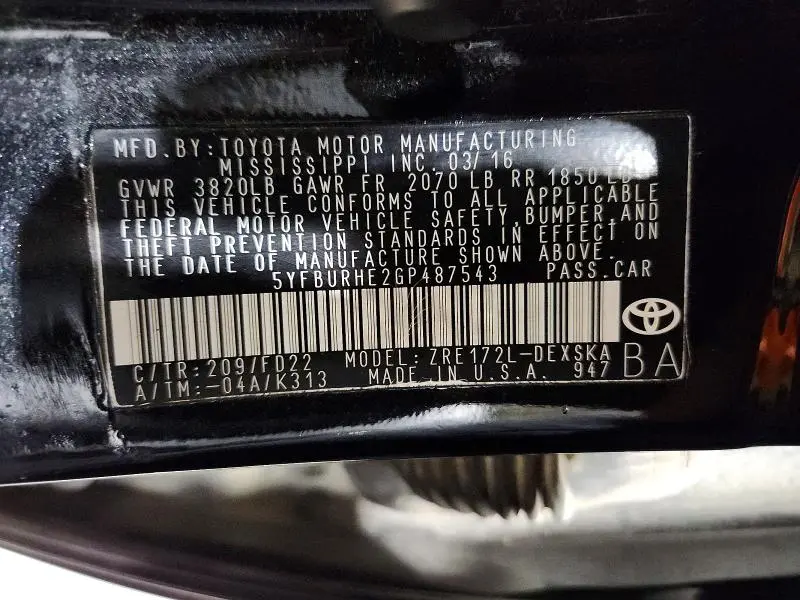 2016 TOYOTA COROLLA S PLUS  