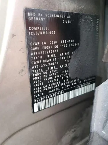 2016 VOLKSWAGEN TIGUAN COMFORTLINE  