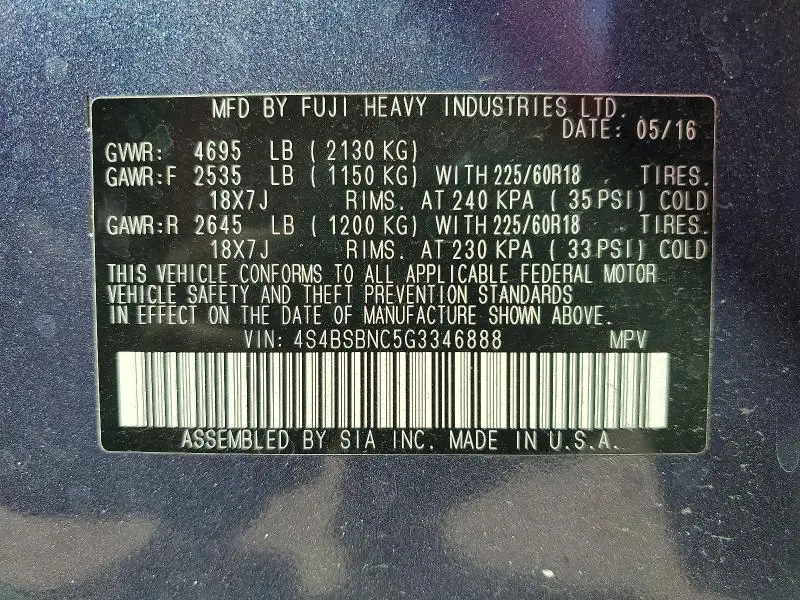 2016 SUBARU OUTBACK 2.5I LIMITED  