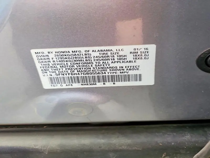 2016 HONDA PILOT EX  