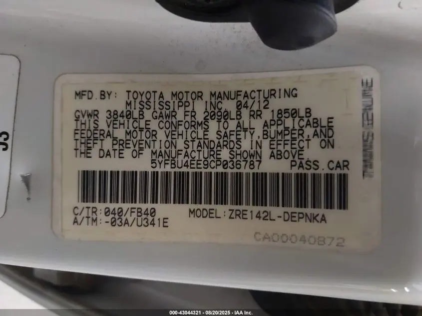 2012 TOYOTA COROLLA LE