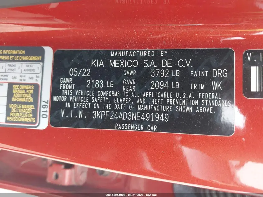 2022 KIA FORTE LXS