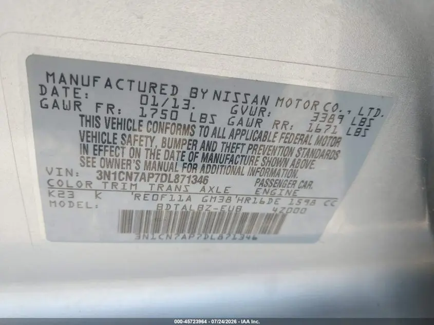 2013 NISSAN VERSA 1.6 SV