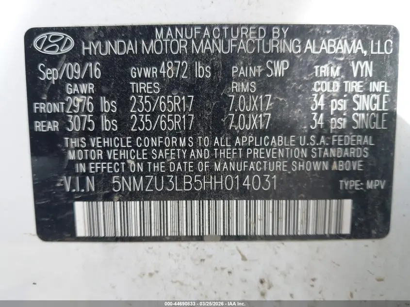 2017 HYUNDAI SANTA FE SPORT 2.4L