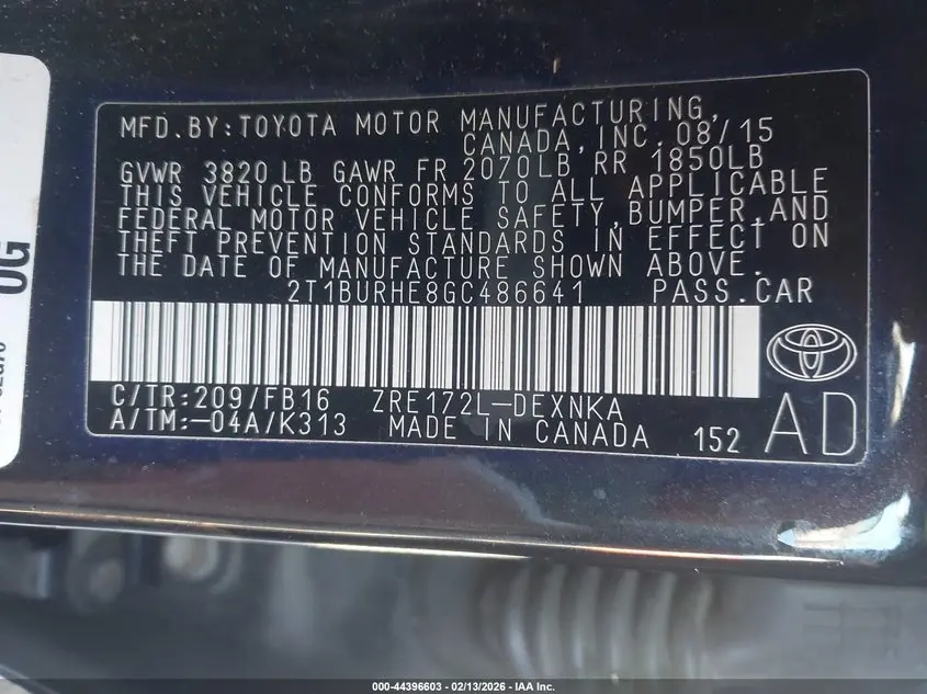 2016 TOYOTA COROLLA LE