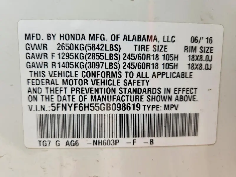 2016 HONDA PILOT EXL  