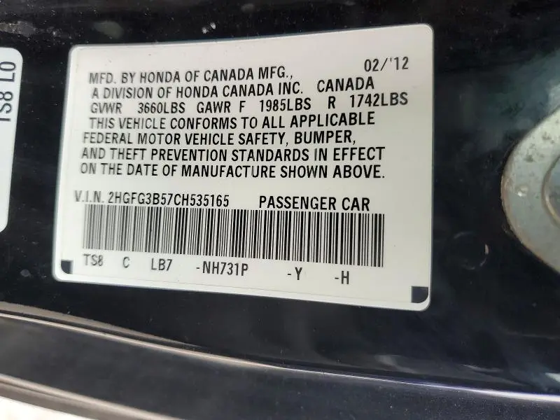 2012 HONDA CIVIC LX  
