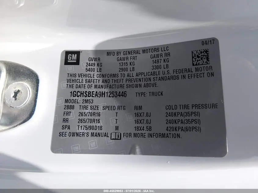 2017 CHEVROLET COLORADO 2WD WT