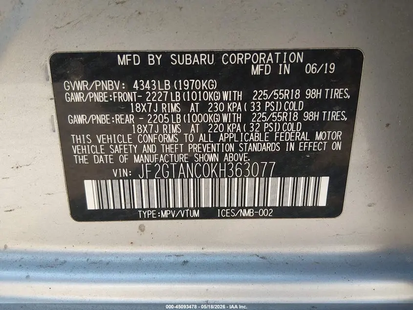 2019 SUBARU CROSSTREK 2.0I LIMITED