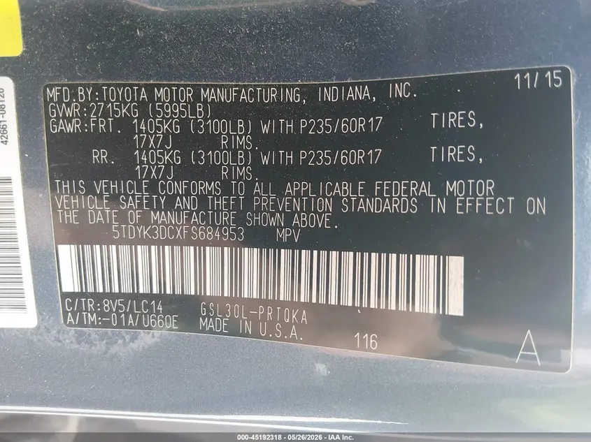 2015 TOYOTA SIENNA XLE 8 PASSENGER