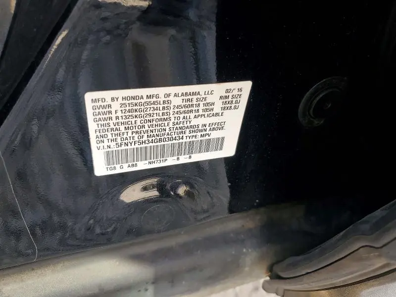 2016 HONDA PILOT EX  