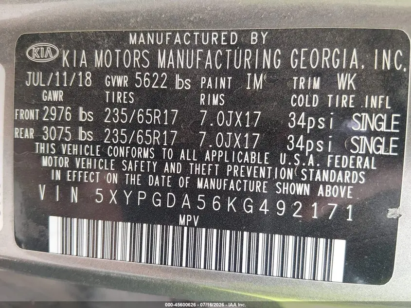 2019 KIA SORENTO 3.3L LX