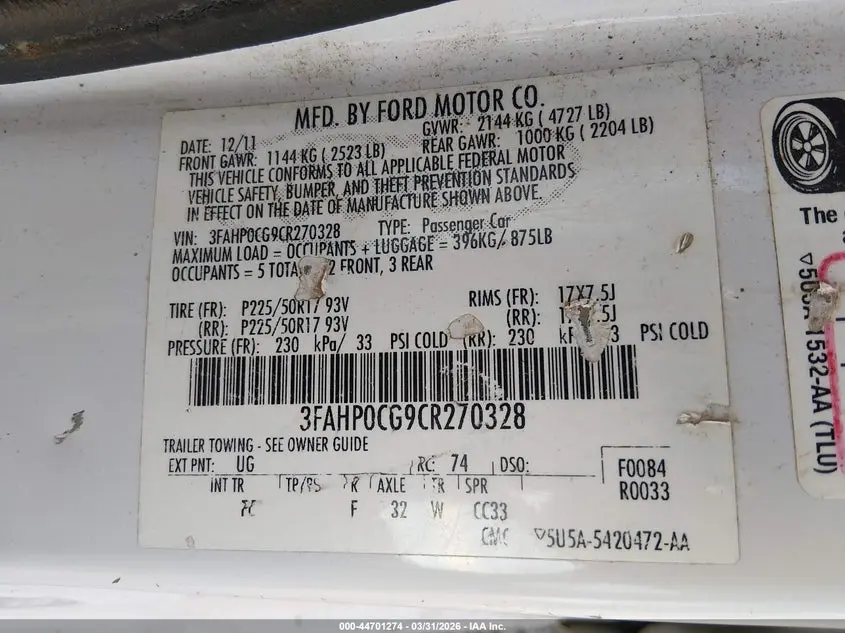 2012 FORD FUSION SEL