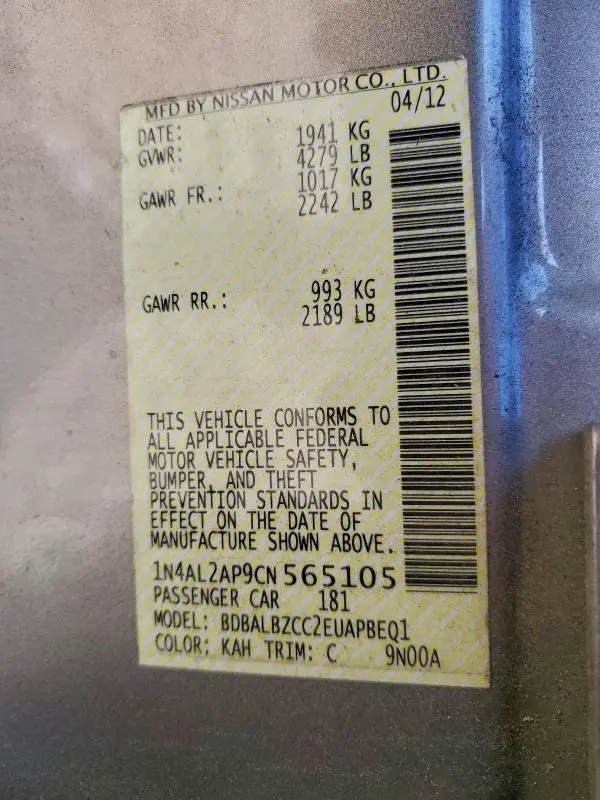 2012 NISSAN ALTIMA BASE  